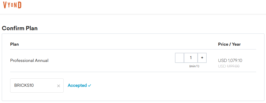 Screenshot of tested coupon for Vyond